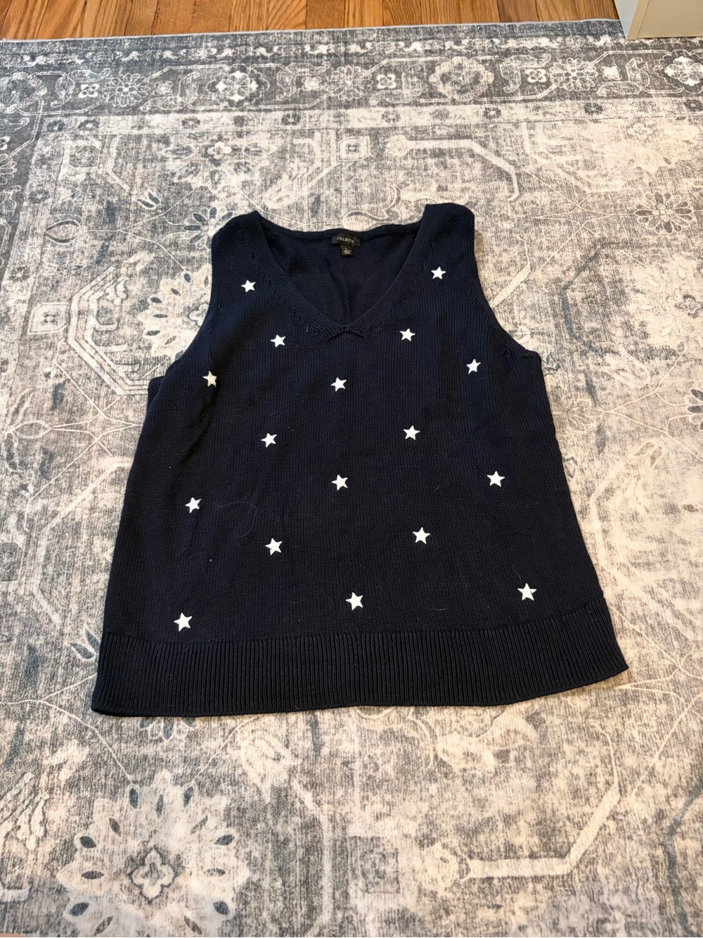 Talbots 100% cotton Navy V-Neck Knit Tank with White Star Pattern